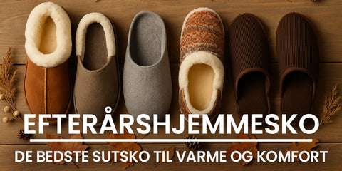 Fire par efterårshjemmesko øverst i billedet